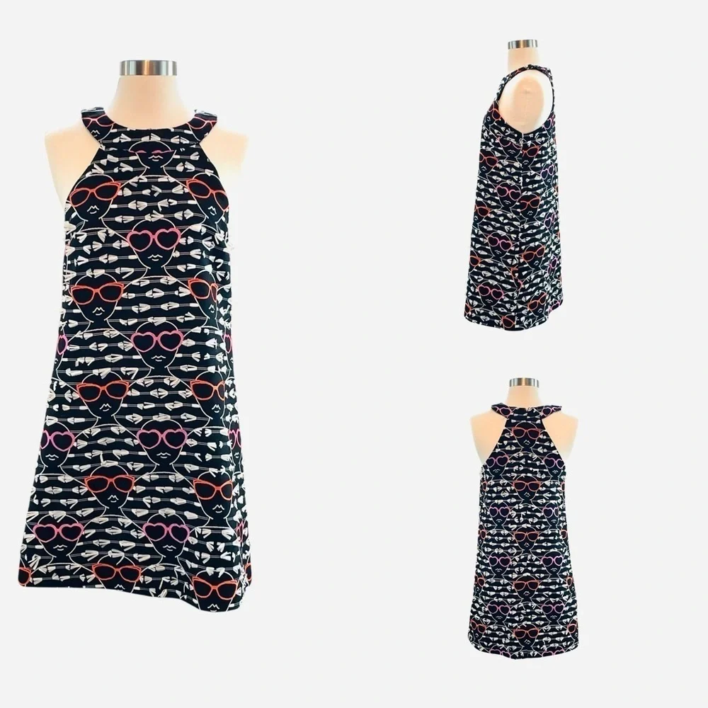 Hutch Anthropologie Pink/Black Sleeveless Halter Dress Novelty Sunglasses Print